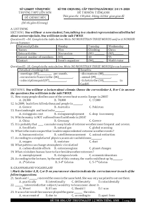 Đề thi chọn học sinh giỏi cấp trường môn Tiếng Anh Lớp 12 - Năm học 2019-2020 - Trường THPT Liễn Sơn